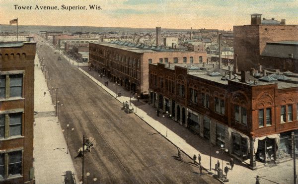 Elevated view of Tower Avenue. Caption reads: "Tower Avenue, Superior, Wis."