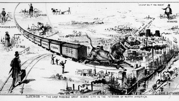 Illustrated view of Superior, as well as Omaha, Kansas City, St. Paul, and Winnipeg. Caption reads: "Superior - The Last Possible Great Marine City in the Interior of North America."
