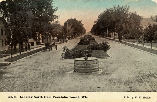 Slightly elevated view of street in Tomah. Caption reads: "Looking North from Fountain, Tomah, Wis."