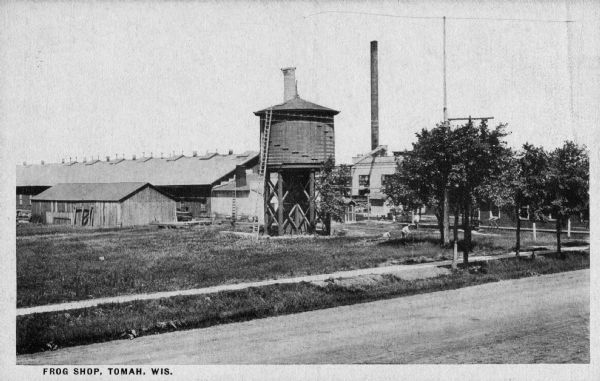 View across road toward buildings, including a water tower. Caption reads: "Frog Shop, Tomah, Wis."