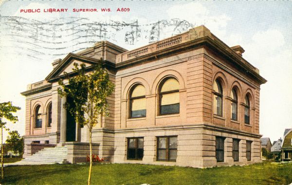 View towards the front and right side of the library. Caption reads: "Public Library Superior, Wis."