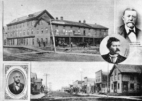 Collage of images featuring a view of the Nicollet House, a view down a main street, and portrait photographs of O.K. Hall, James Kane, and August Zachau.