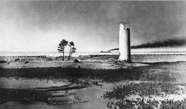 Long view of the Minnesota Point lighthouse, built at the entrance to Superior Harbor. It is allegedly the first lighthouse at the head of Lake Superior.