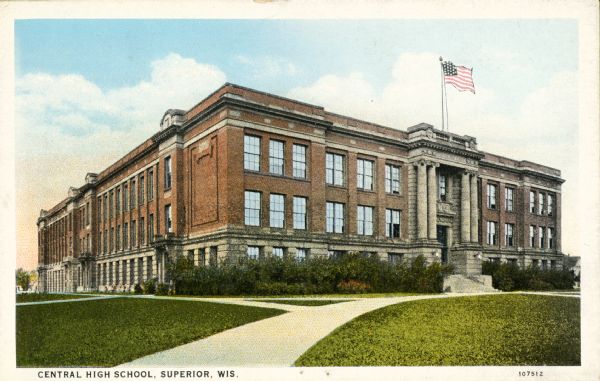 Exterior view of Central High School. Caption reads: "Central High School, Superior, Wis."