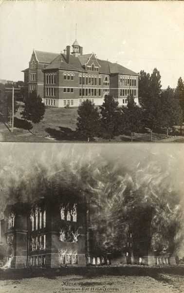 A photograph with the top half showing the intact Sturgeon Bay High School and the bottom half showing the Sturgeon Bay High School on fire.