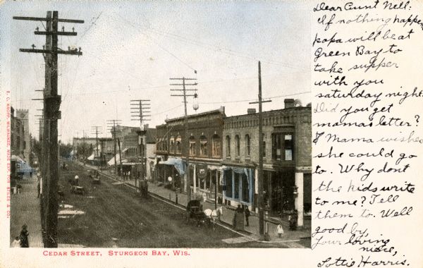 Elevated view of Cedar Street. Caption reads: "Cedar Street, Sturgeon Bay, Wis."