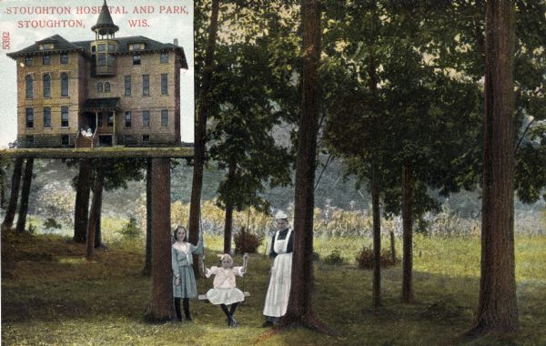 Park view featuring two children and their nurse or nanny in the foreground and an inset of the hospital in the upper left corner. Caption reads: "Stoughton Hospital and Park, Stoughton, Wis."