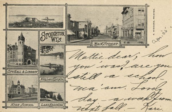 Postcard featuring various views of Stoughton, including Main Street, Lake Kegonsa, a high school, and the city hall and library.