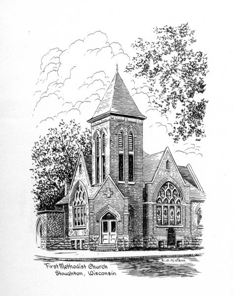 First Methodist Church. Caption reads: "First Methodist Church, Stoughton, Wisconsin".