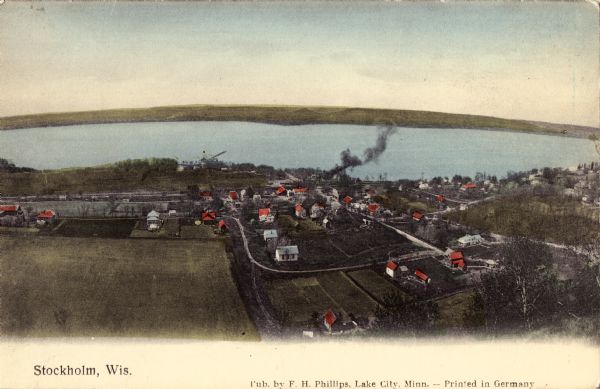 Elevated view of Stockholm and Lake Pepin. Caption reads: "Stockholm, Wis."