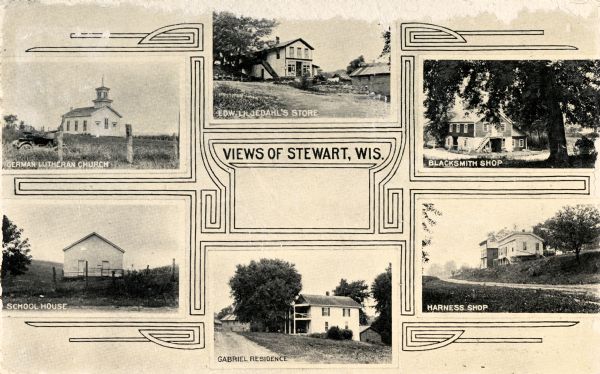 Views of Stewart, Wisconsin (otherwise known as Postville or York Township) near Monroe, Dane County.  Stewart post-office was established November 12, 1862, and named in honor of the grandfather of J.W. Stewart who was the first white settler in York Township in 1838.