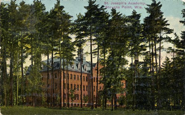 Exterior view of St. Joseph's Academy, partially obscured by trees. Caption reads: "St. Joseph's Academy, Stevens Point, Wis."