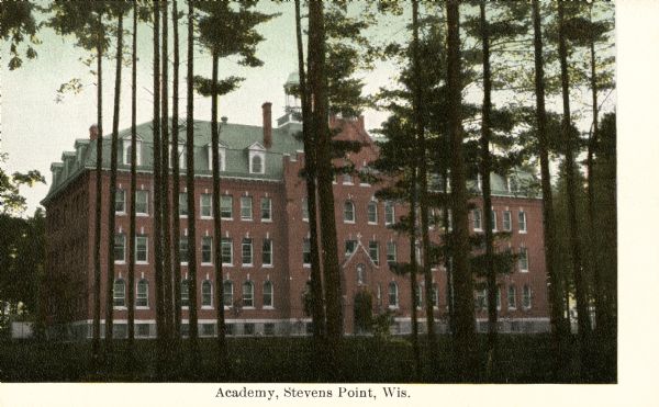 Exterior view through trees of St. Joseph's Academy. Caption reads: "Academy, Stevens Point, Wis."