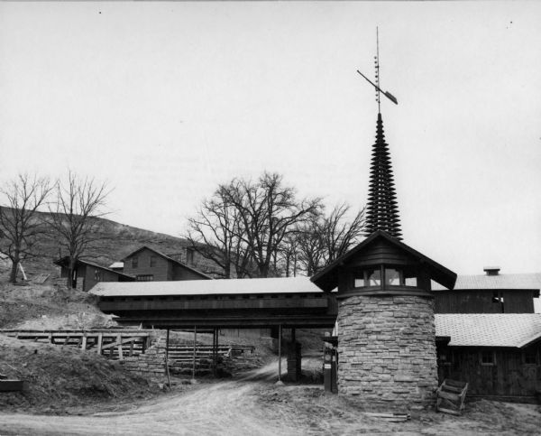View of the Midway Barns, constructed in 1938 on the farmland adjoining Taliesin, Frank Lloyd Wright's residence and architectural school complex. Taliesin is located in the vicinity of Spring Green, Wisconsin.