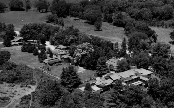 Aerial view of Taliesin, Frank Lloyd Wright's residence and architectural school complex. Taliesin is located in the vicinity of Spring Green, Wisconsin.