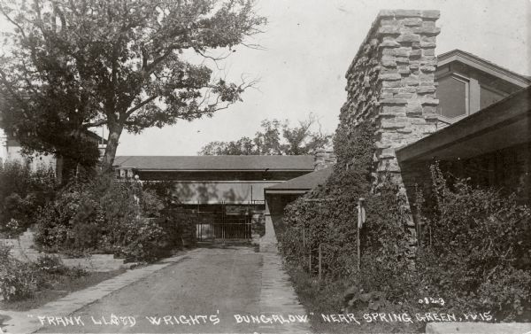 Exterior view of Taliesin, Frank Lloyd Wright's residence and studio. Taliesin is located in the vicinity of Spring Green, Wisconsin. Caption reads: "'Frank Llohd Wrights' Bungalow" and "Near Spring Green, Wis."