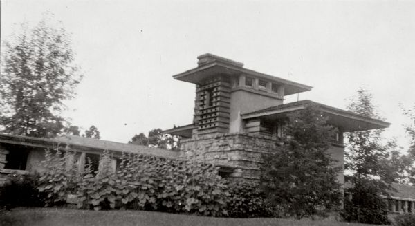 Exterior view of Taliesin, Frank Lloyd Wright's residence and studio after its reconstruction in 1914-1915 and before its partial destruction by fire in 1924. Taliesin is located in the vicinity of Spring Green, Wisconsin.