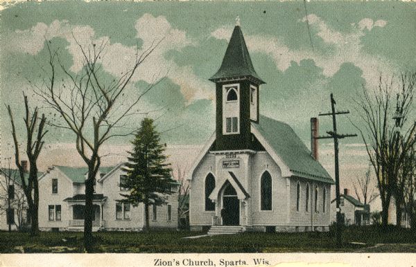 Colorized view of the church. Caption reads: "Zion's Church, Sparta, Wis."