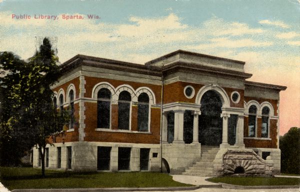 View toward the front of the library. Caption reads: "Carnegie Library, Sparta, Wis."