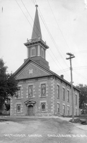 Exterior view of the Centenary Methodist Episcopal Church, built in 1867. Caption reads: "Methodist Church, Shullsburg, Wis."