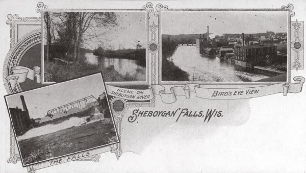 Three scenes of the city. Captions read: "The Falls," "Scene on Sheboygan River" and "Bird's Eye View."