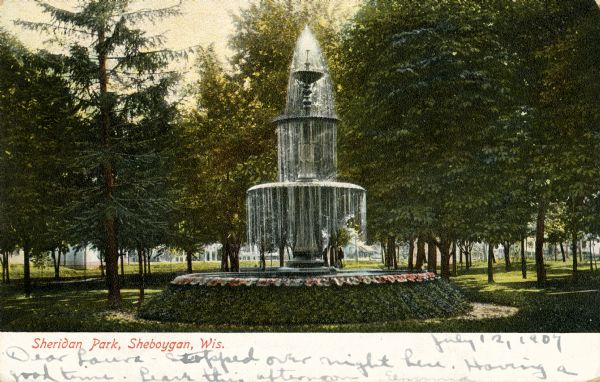 Sheridan Park with fountain in Sheboygan. Caption reads: "Sheridan Park, Sheboygan, Wis."