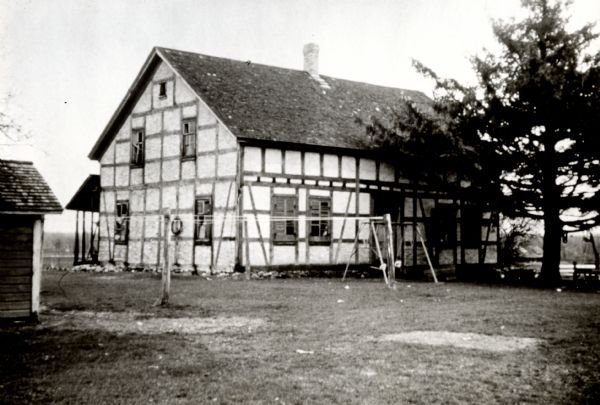 Exterior view of the Koepsel house, a half timber and brick structure built by Koepsel in 1860.