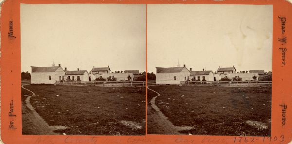 Exterior stereograph of the Polk County Press Office.