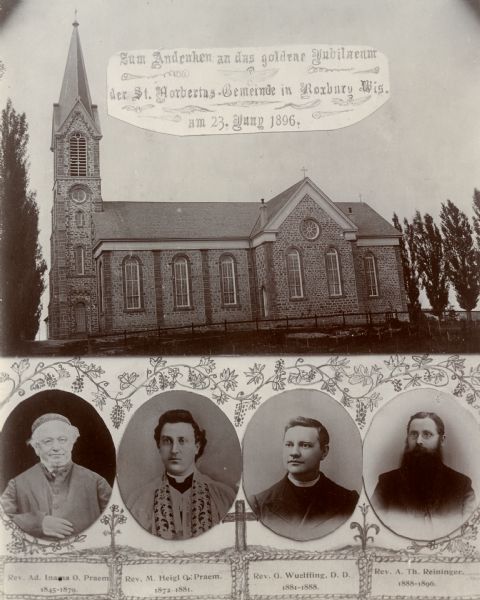 Exterior view of St. Norberts Society along with four clergy portraits.