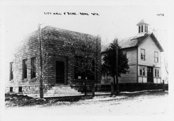 Exterior view of the state bank and city hall. Caption reads: "City Hall & Bank, Rome Wis."