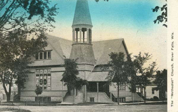 Colorized view of the church. Caption reads: "The 'Methodist' Church, River Falls, Wis."