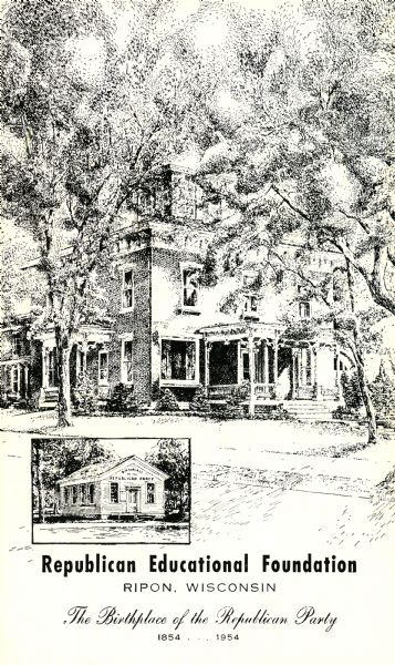 View of the Republican House and Restaurant and surrounding grounds with an inset of the "Little White Schoolhouse" on the lower left side.