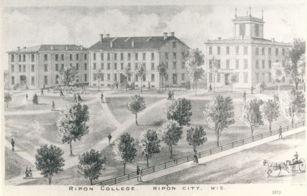 View of several buildings on the grounds of Ripon College. Caption reads: "Ripon College, Ripon City, Wis."