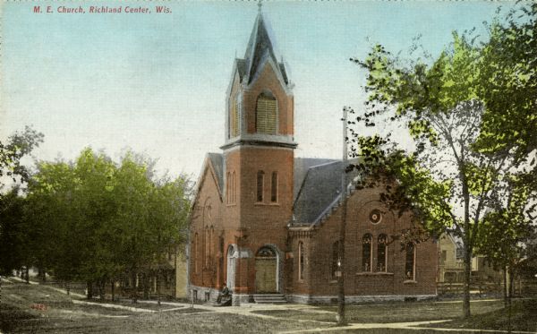 Exterior view of a Methodist Episcopal church. Caption reads: "M. E. Church, Richland Center, Wis."
