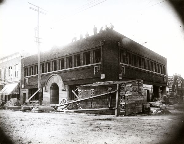 Exterior view of First National Bank under construction.