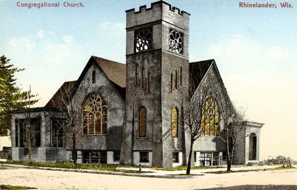 Exterior view of a congregational church. Caption reads: "Congregational Church, Rhinelander, Wis."