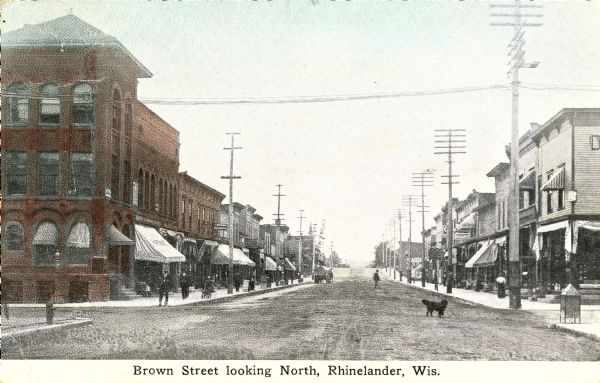 Caption reads: "Brown Street looking North, Rhinelander, Wis." A dog  is in the street, and pedestrians are on the sidewalks.