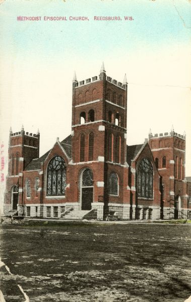 Exterior view of the Methodist Episcopal church. Caption reads: "Methodist Episcopal Church, Reedsburg, Wis."