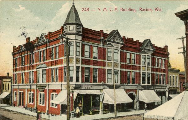 Elevated view of the Young Men's Christian Association building. Caption reads: "Y.M.C.A. Building, Racine, Wis."