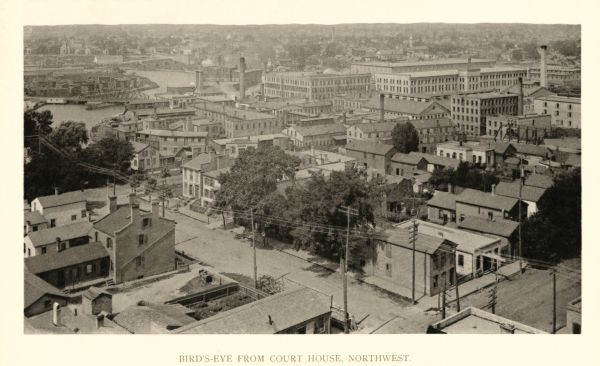 Elevated view from the northwest of the Racine Court House. Caption reads: "Birds-Eye from Court House, Northwest."