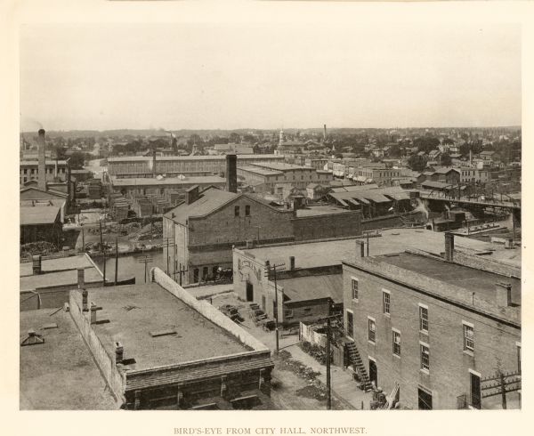 Elevated view looking northwest from Racine City Hall. Caption reads: "Bird's-Eye View from City Hall, Northwest."