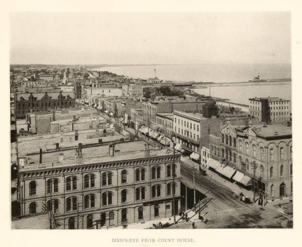 Elevated view from the Racine Court House of northeast Racine, with Lake Michigan on the right. Caption reads: "Bird's-Eye from Court House."