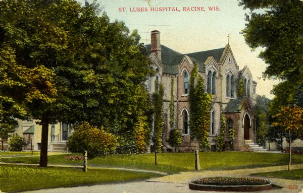 Exterior view of St. Luke's Hospital. Caption reads: "St. Luke's Hospital, Racine, Wis."