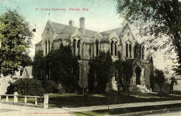 Exterior view of St. Luke's Hospital. Caption reads: "St. Luke's Hospital, Racine, Wis."