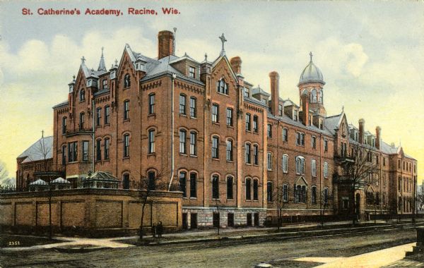Exterior view of St. Catherine's Academy. Caption reads: "St. Catherine's Academy, Racine, Wis."