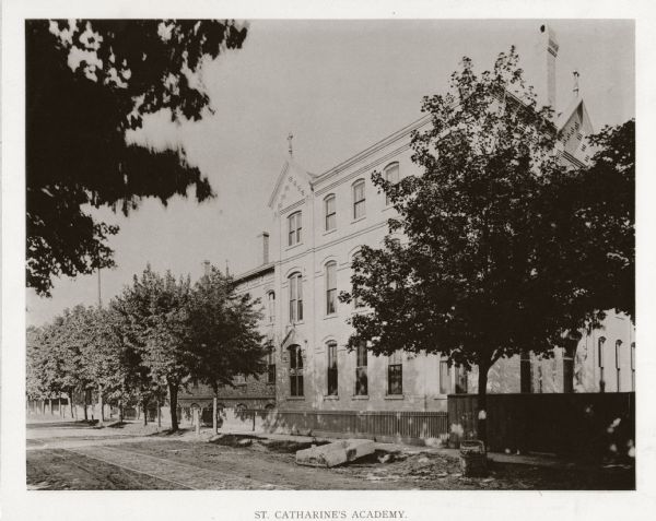 Exterior view of St. Catherine's Academy. Caption reads: "St. Catherine's Academy."