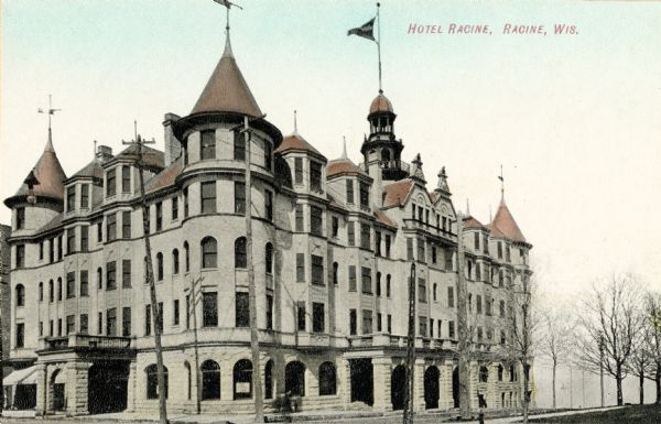 Exterior view of Hotel Racine. Caption reads: "Hotel Racine, Racine, Wis."