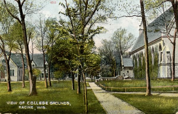 View of buildings on the Racine College grounds. Caption reads: "View of College Ground, Racine, Wis."