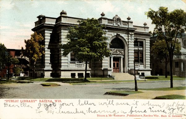Exterior view of a Racine Public Library. Caption reads: "'Public Library' Racina[sic], Wis."