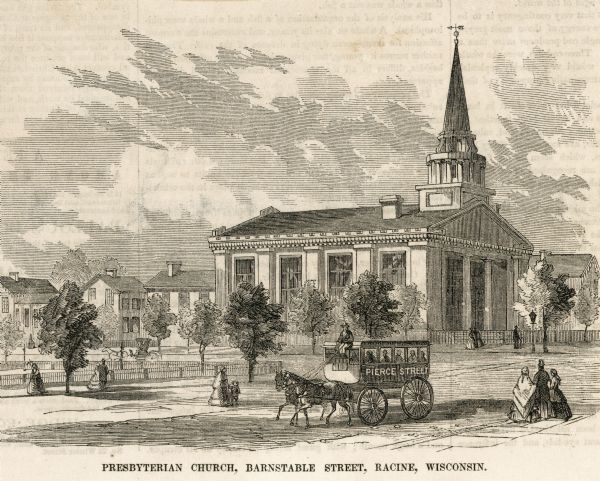 View of a Presbyterian church with a horse-drawn vehicle and multiple pedestrians in the foreground. Caption reads: "Presbyterian Church, Barnstable Street, Racine, Wisconsin."